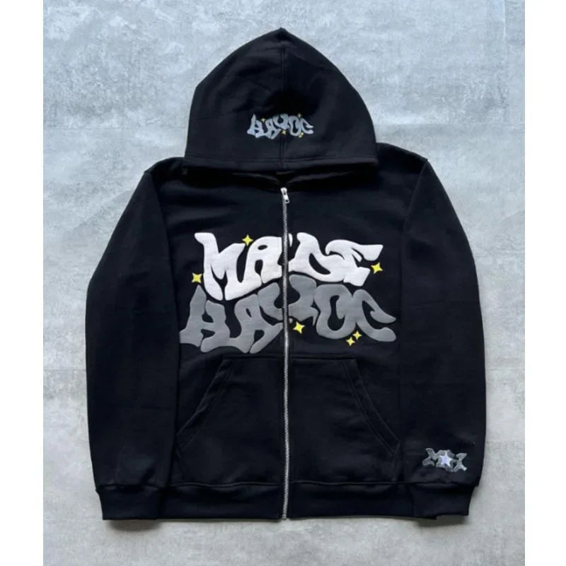 Sweat-shirt à capuche avec fermeture éclair, lettres et étoiles américaines rétro, adapté aux hommes et aux femmes, veste Y2K, cardigan d'automne et d'hiver