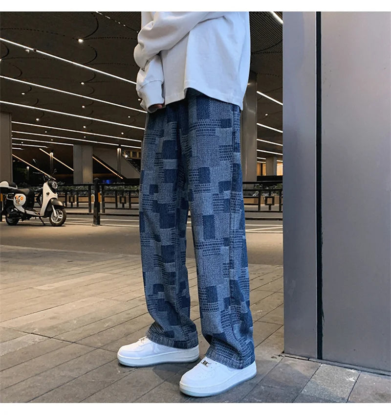 Jean à carreaux bleu noir pour hommes, Vintage, jambes larges, High Street, ample, droit, Hip Hop, automne Y2K