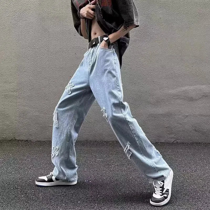 Jean en Denim à jambes droites pour hommes, nouvelle mode décontractée, ample, pantalon Y2k, jambes larges, Hip Hop, noir, bleu