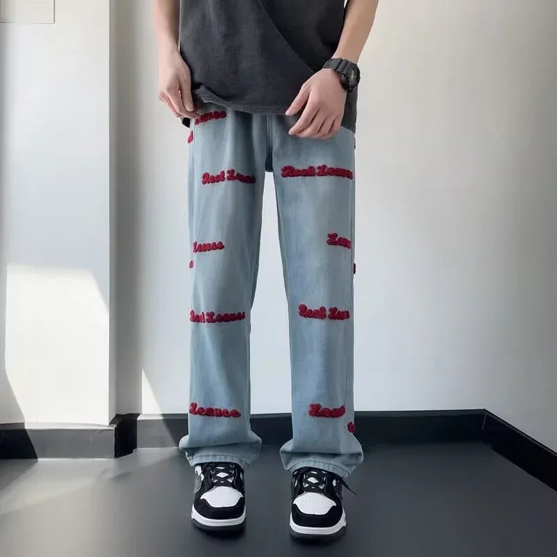 Jean brodé de lettres gothiques pour hommes, pantalon en denim baggy, droit, jambe large, mode de rue, hip hop, bleu, Y2K, automne