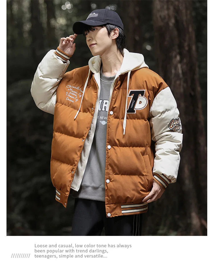 2025 nouvelle veste en coton hommes hiver jeunesse épaissi vers le bas manteau à capuche faux deux pièces mode Parka décontractée vêtements d'extérieur chauds grande taille
