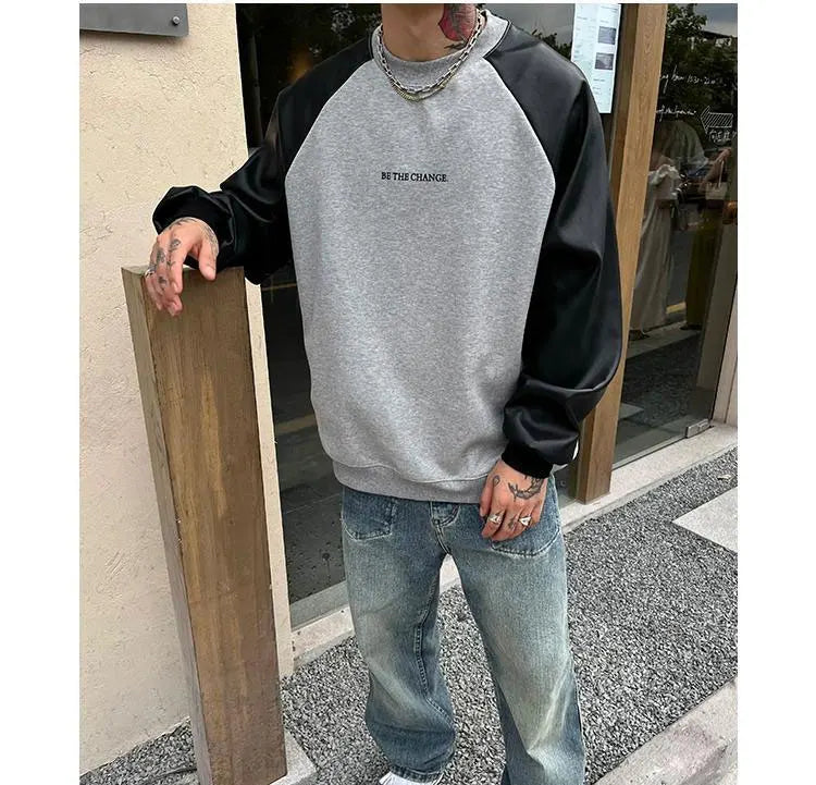 Pulls en cuir à col rond pour hommes, pulls College de lettres rétro américaines, vêtements décontractés basiques, printemps et automne, patchwork, adt PVD