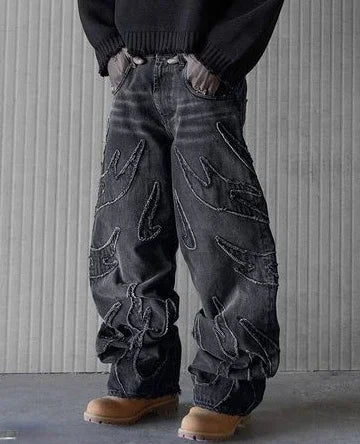 Nouveau Y2K Harajuku rétro graphique Patch jean Hip Hop gothique bord brut broderie noir Baggy jean jambe large Denim pantalon hommes femmes