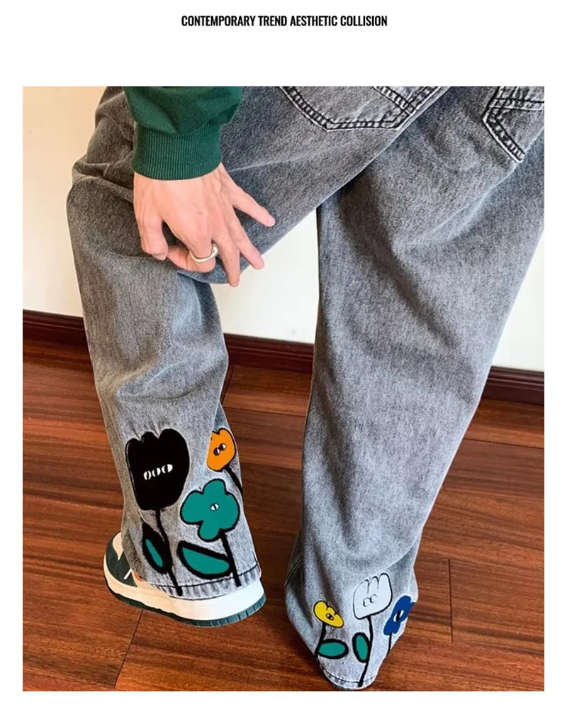 Jean Baggy imprimé fleur Y2K pour hommes, Streetwear américain décontracté, pantalon à jambes larges, Vintage, droit, nouvelle collection 2025