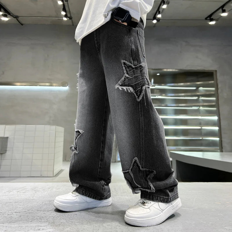 Nouvelle mode adolescents garçons Denim pantalons à jambes larges enfant pantalon printemps automne étoile épissage bord brut jean 5-14 ans enfants pantalons