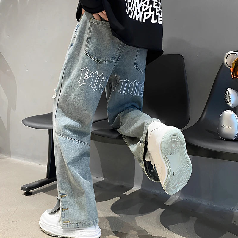 Jean ample Hip Hop brodé avec lettres pour hommes, décontracté, nouveaux trous cassés, Streetwear, pantalon droit en Denim, Baggy Y2K