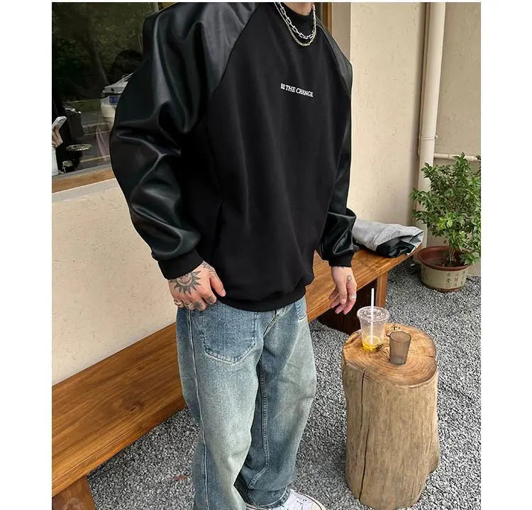 Pulls en cuir à col rond pour hommes, pulls College de lettres rétro américaines, vêtements décontractés basiques, printemps et automne, patchwork, adt PVD