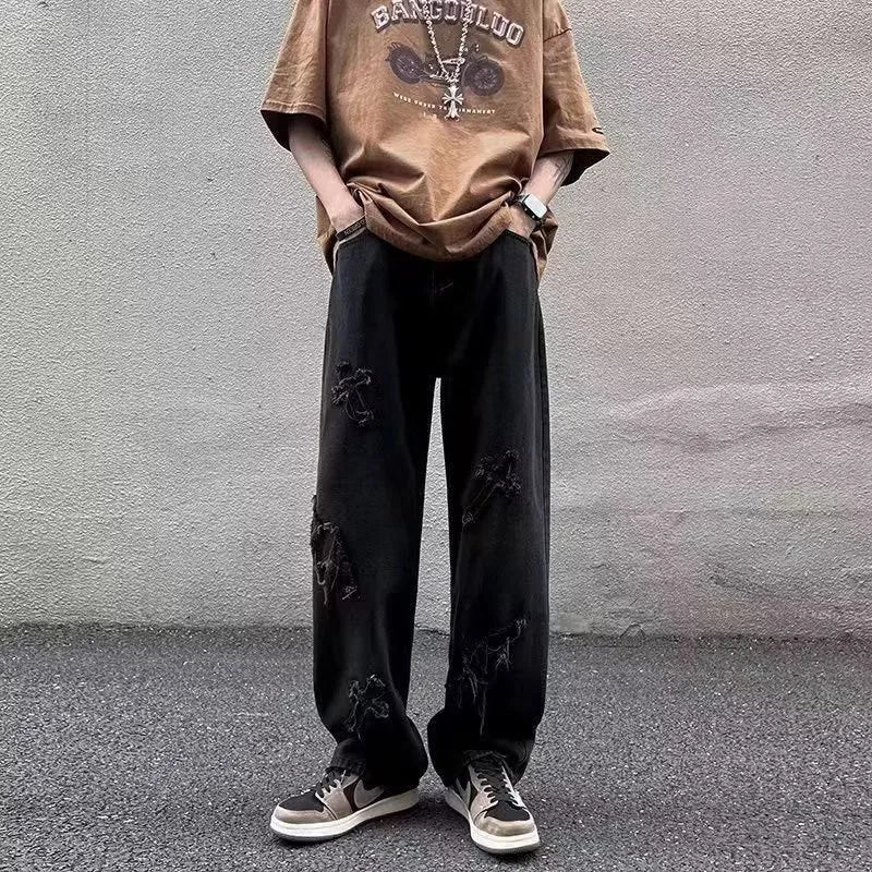 Jean en Denim à jambes droites pour hommes, nouvelle mode décontractée, ample, pantalon Y2k, jambes larges, Hip Hop, noir, bleu