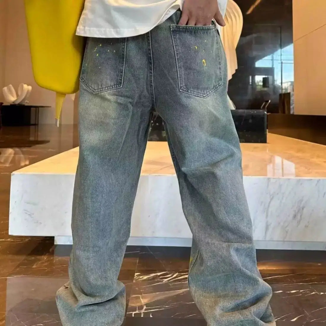 Jean délavé pour hommes, imprimé jet d'encre peint à la main, à la mode et polyvalent, vieux pantalon droit décontracté, nouvelle collection automne et hiver