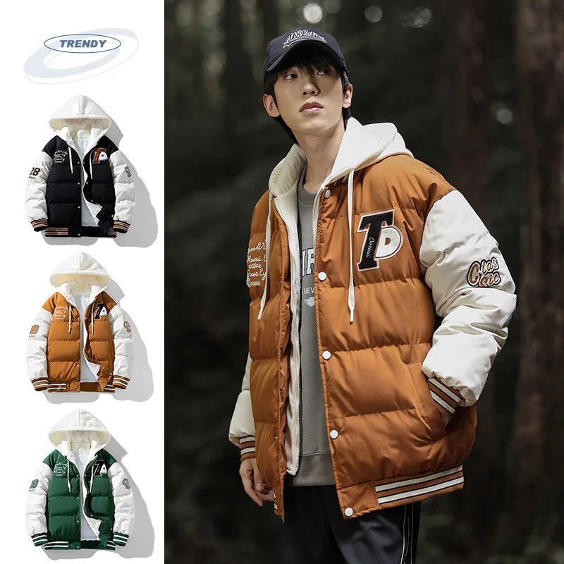 2025 nouvelle veste en coton hommes hiver jeunesse épaissi vers le bas manteau à capuche faux deux pièces mode Parka décontractée vêtements d'extérieur chauds grande taille