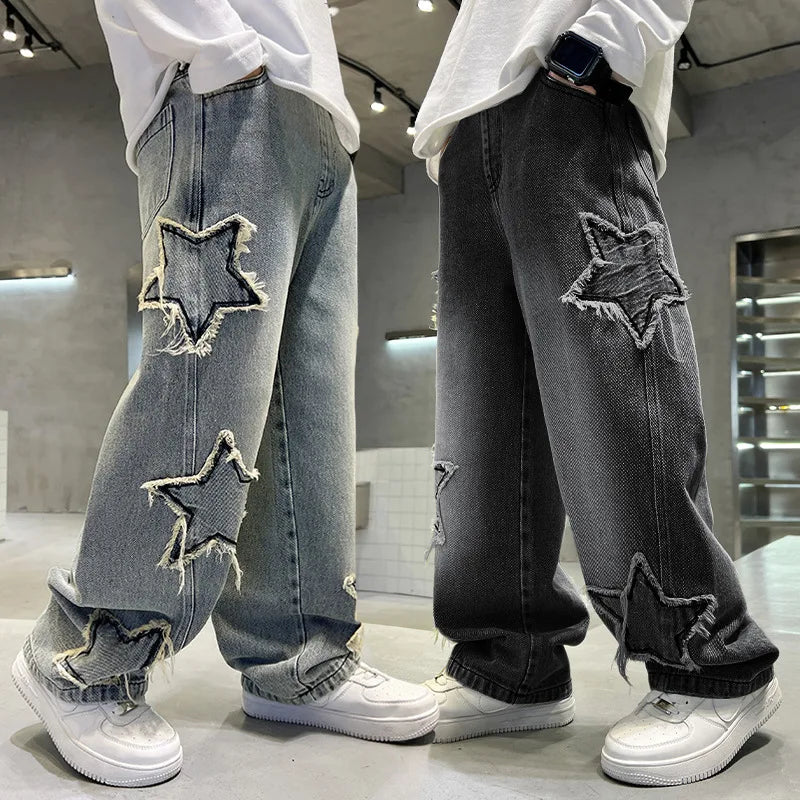 Nouvelle mode adolescents garçons Denim pantalons à jambes larges enfant pantalon printemps automne étoile épissage bord brut jean 5-14 ans enfants pantalons