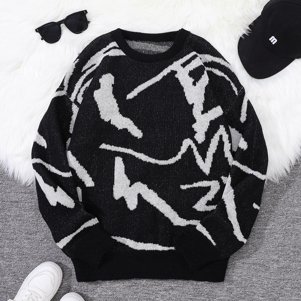 Nouveau populaire printemps automne Graffiti Jacquard motif pull pull décontracté col rond contraste couleur tricoté hommes pull