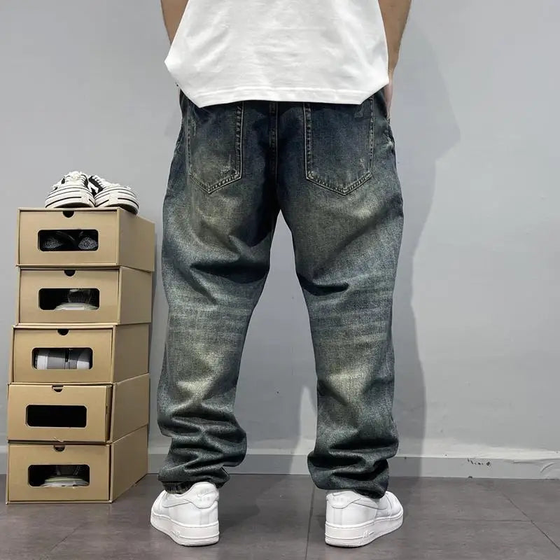 Jean ample à jambes droites pour hommes, rétro américain, avec trous déchirés, tissu patch, pantalon Long polyvalent, été 2025