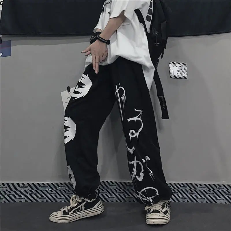 Pantalon de survêtement noir imprimé japonais Y2k pour homme, Streetwear, jambes larges, Baggy surdimensionné, décontracté, Sport, 2023