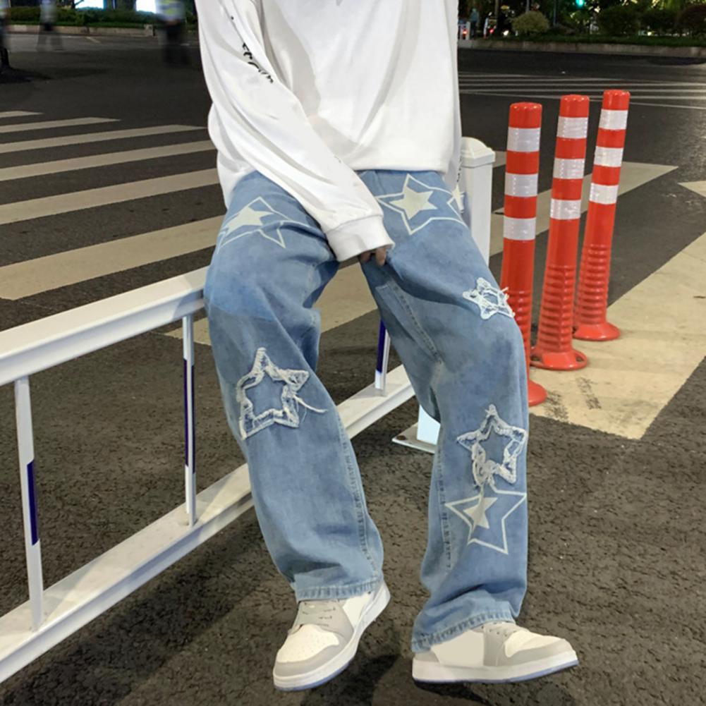 Pantalon en Denim pour hommes, motif étoile à cinq points, broderie, jambes larges, Streetwear, couleur unie, taille moyenne, Baggy, jean droit