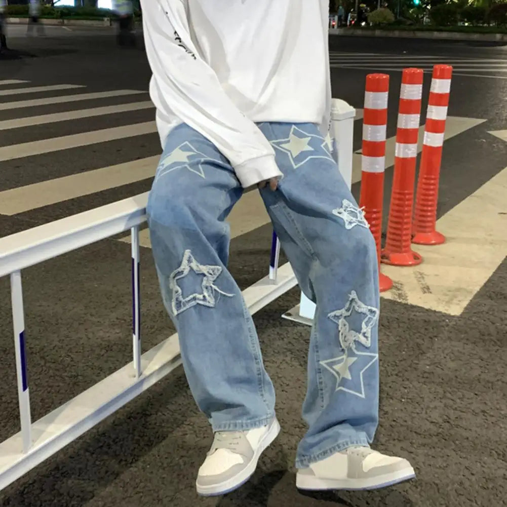 Pantalon en Denim pour hommes, motif étoile à cinq points, broderie, jambes larges, Streetwear, couleur unie, taille moyenne, Baggy, jean droit