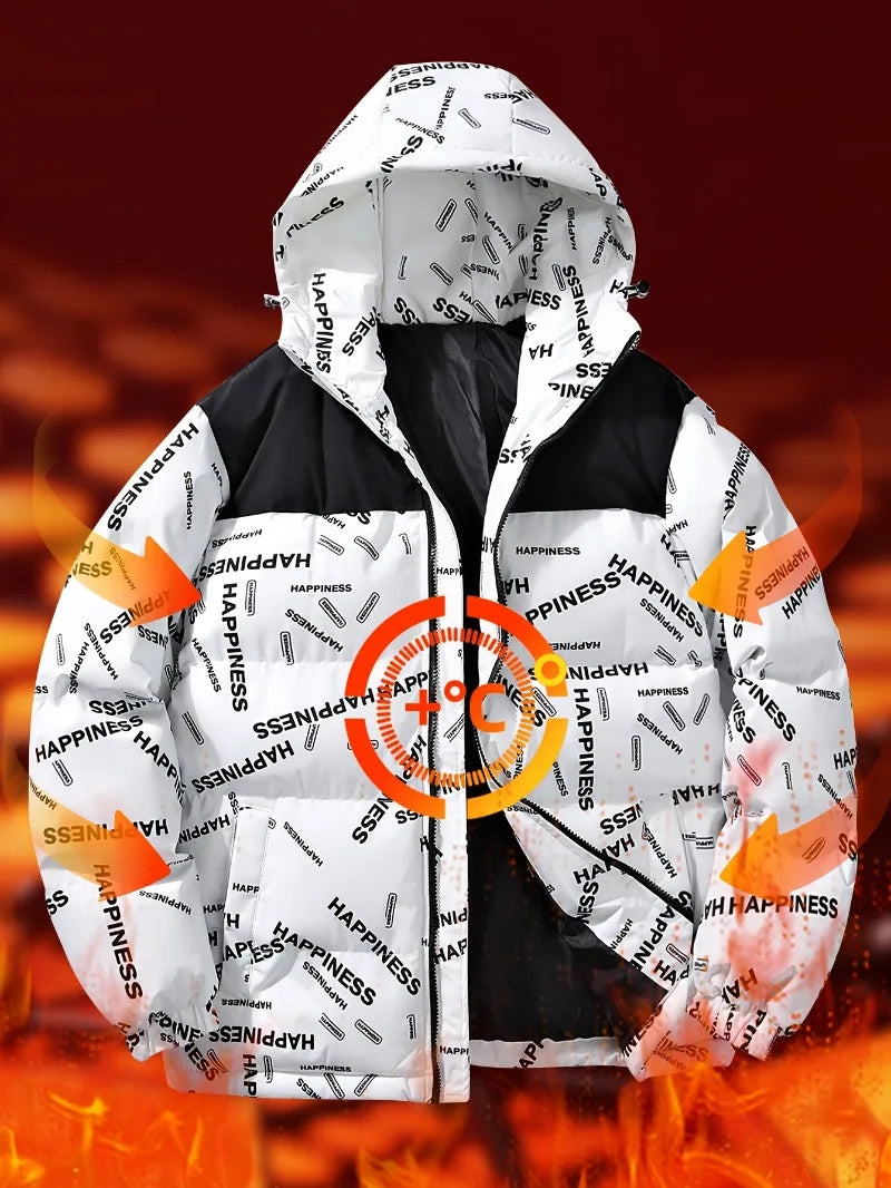 Veste à capuche épaisse coupe-vent pour hommes avec poches et cordon de serrage décontracté lettre imprimée vêtements d'extérieur polyvalents chaud et élégant pour décontracté