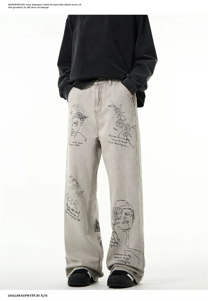 Jean imprimé graphique graffiti rétro américain pour hommes, pantalon en denim baggy, mode Harajuku, streetwear Y2K, DistMurcia, fjgy