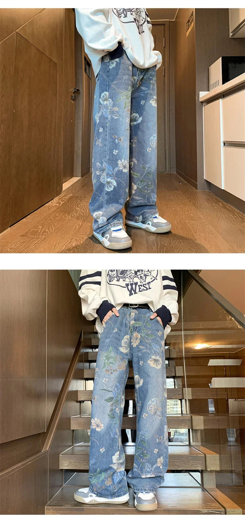Jean imprimé Floral pour hommes, pantalon en Denim Vintage Y2K, mode Hip Hop, Baggy à jambes larges, Streetwear, nouvelle collection automne 2024