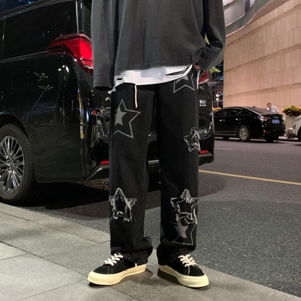 Pantalon en Denim pour hommes, motif étoile à cinq points, broderie, jambes larges, Streetwear, couleur unie, taille moyenne, Baggy, jean droit