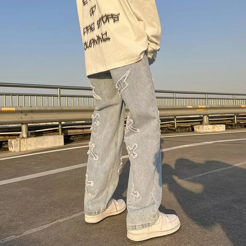Jean en Denim à jambes droites pour hommes, nouvelle mode décontractée, ample, pantalon Y2k, jambes larges, Hip Hop, noir, bleu