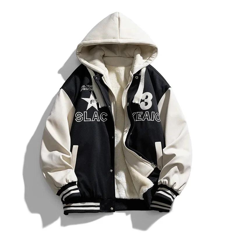 Vestes de Baseball à capuche pour hommes, Streetwear tendance, nouvelle mode polaire chaude d'hiver, faux manteaux deux pièces amples et décontractés 3XL