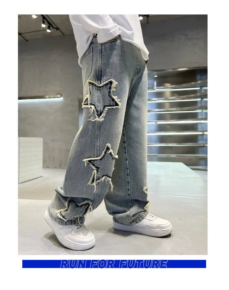 Nouvelle mode adolescents garçons Denim pantalons à jambes larges enfant pantalon printemps automne étoile épissage bord brut jean 5-14 ans enfants pantalons