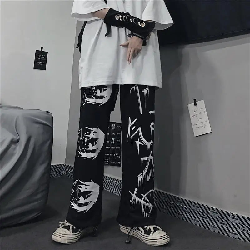 Pantalon de survêtement noir imprimé japonais Y2k pour homme, Streetwear, jambes larges, Baggy surdimensionné, décontracté, Sport, 2023