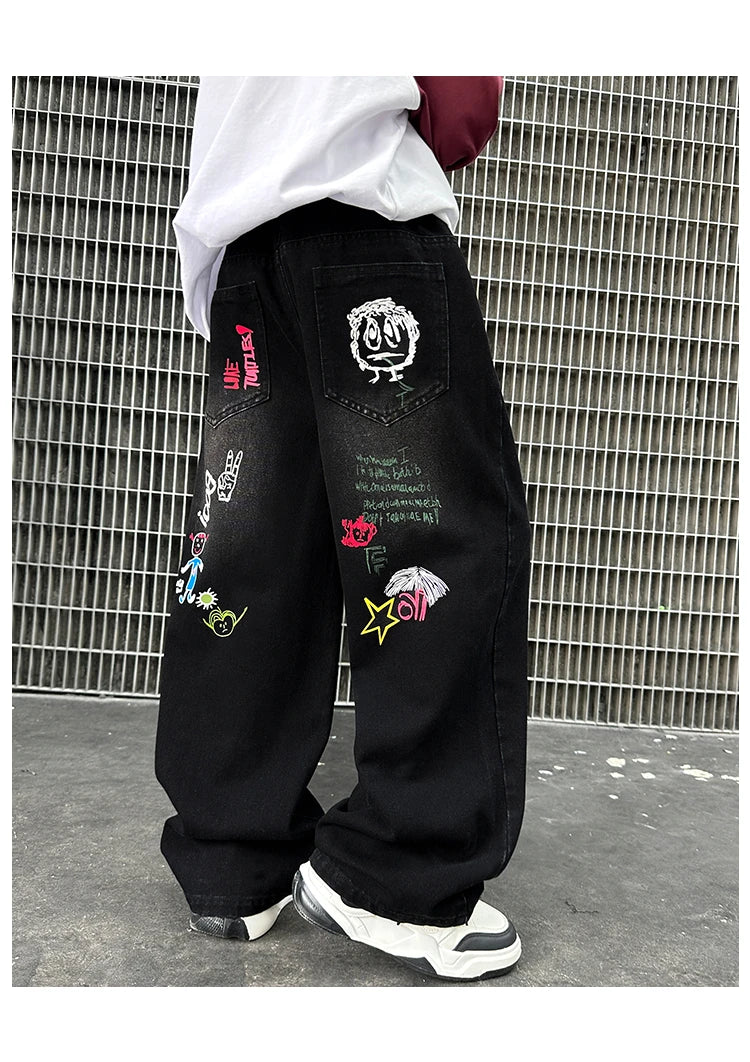 Nouvelle mode enfants jean noir avec dessin pour garçons filles décontracté Streetwear Denim pantalon unisexe enfant coupe droite jean pantalon