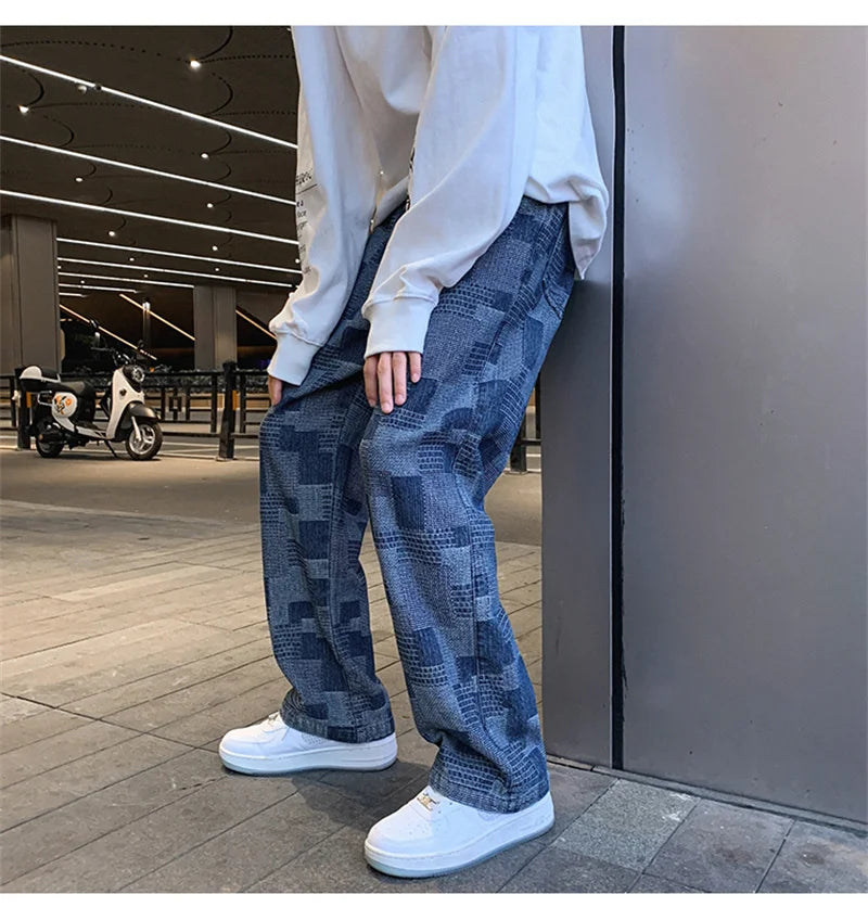Jean à carreaux bleu noir pour hommes, Vintage, jambes larges, High Street, ample, droit, Hip Hop, automne Y2K