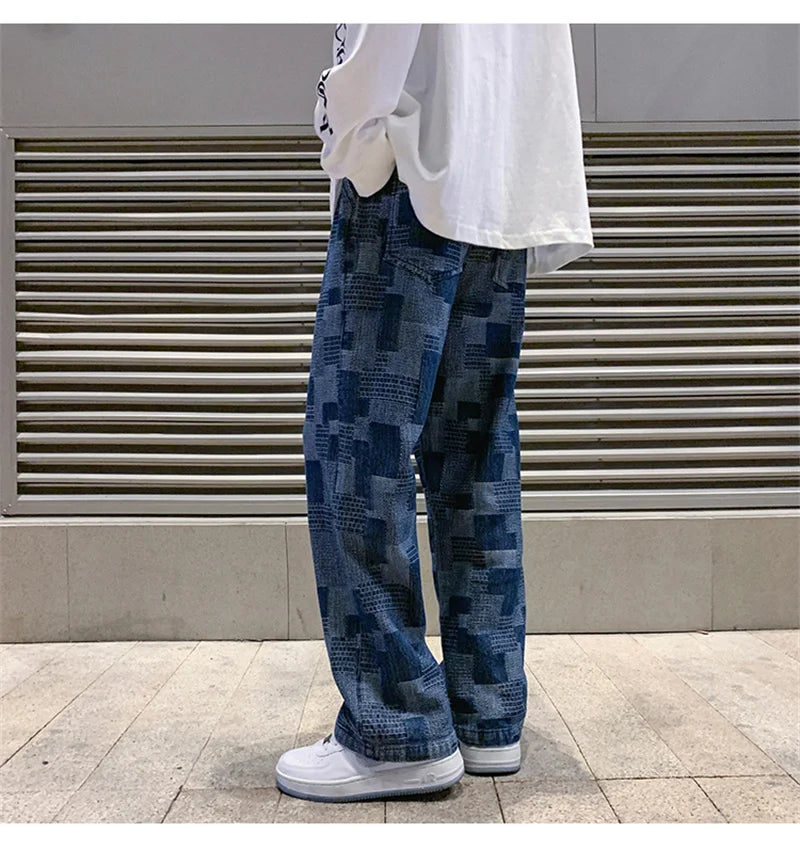 Jean à carreaux bleu noir pour hommes, Vintage, jambes larges, High Street, ample, droit, Hip Hop, automne Y2K