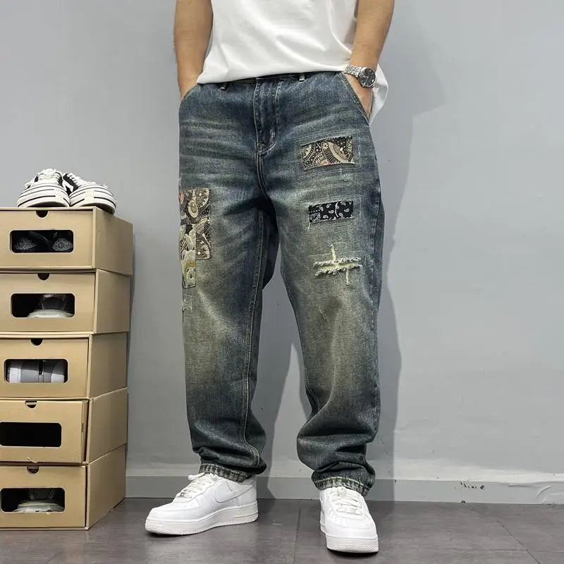 Jean ample à jambes droites pour hommes, rétro américain, avec trous déchirés, tissu patch, pantalon Long polyvalent, été 2025
