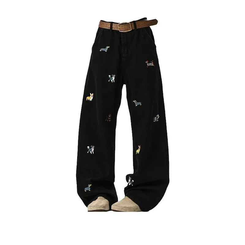 【Mirrordust】 Jean Vintage brodé de Style américain pour hommes, pantalon ample à jambes larges, polyvalent, longueur au sol