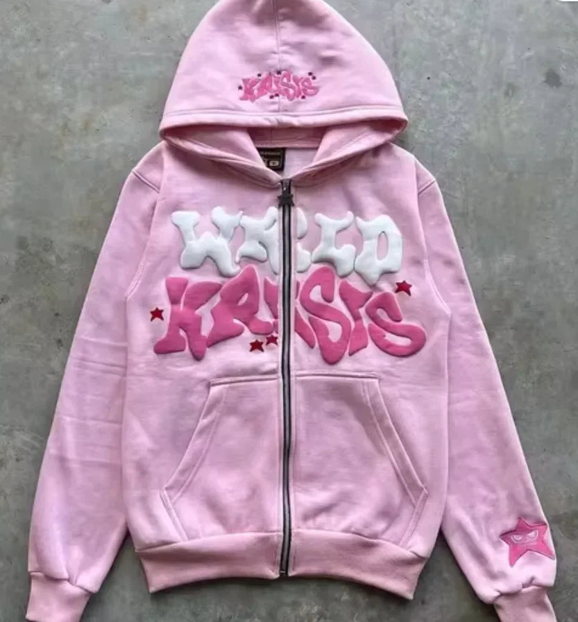 Sweat-shirt à capuche avec fermeture éclair, lettres et étoiles américaines rétro, adapté aux hommes et aux femmes, veste Y2K, cardigan d'automne et d'hiver