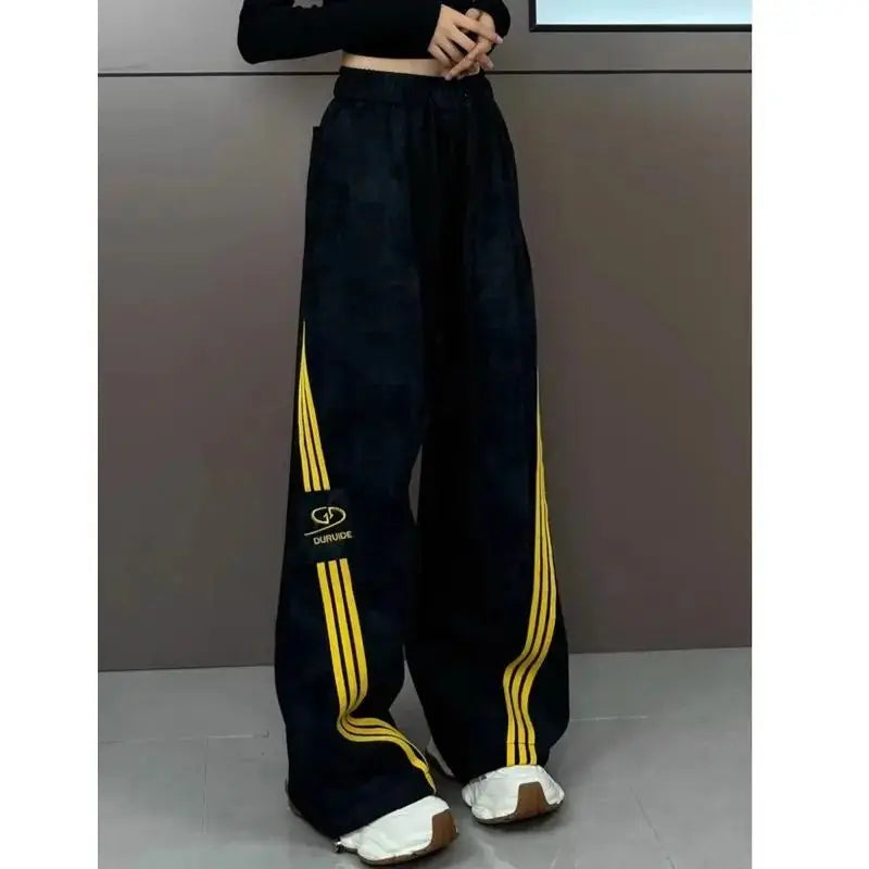 Taille élastique pantalons décontractés femmes automne nouveau trois rayures jambe large pantalons de survêtement polyvalent jambe droite longueur de plancher pantalon