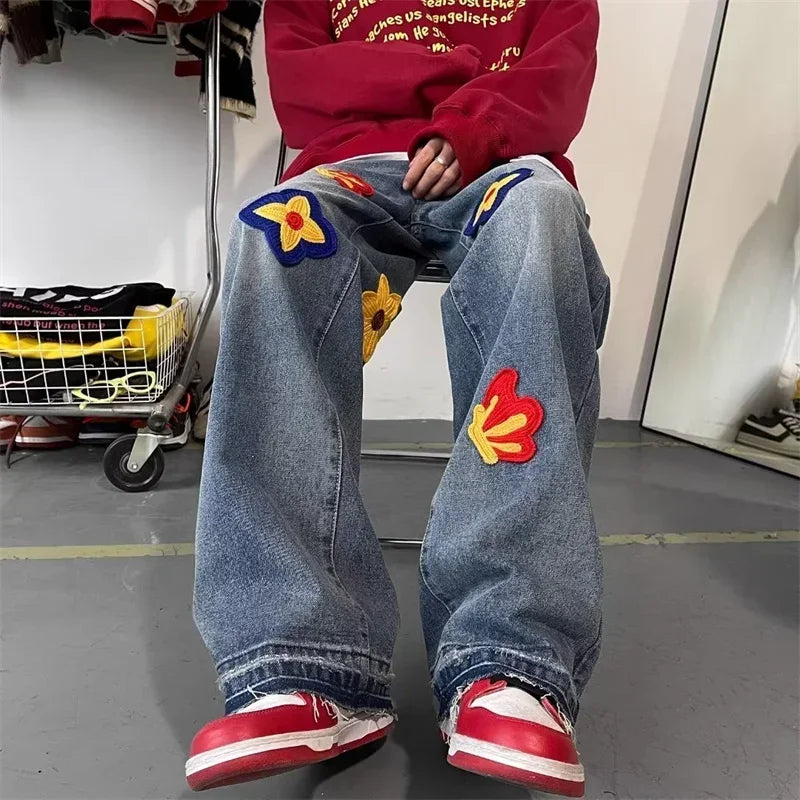 Jean droit bleu brodé de fleurs pour hommes et femmes, jean baggy, streetwear vintage, mode hip hop, automne, fjwomen, Y2K