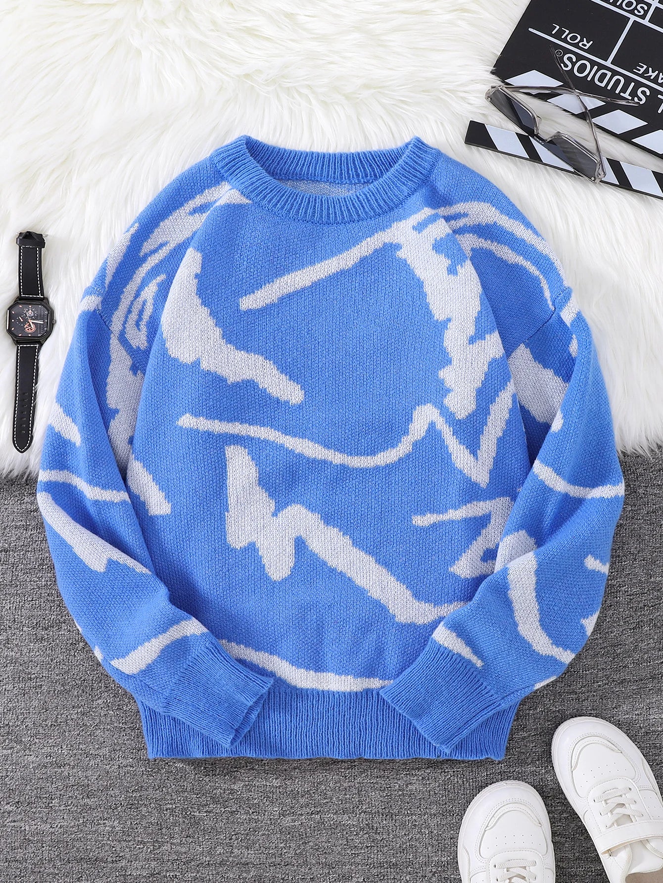 Nouveau populaire printemps automne Graffiti Jacquard motif pull pull décontracté col rond contraste couleur tricoté hommes pull