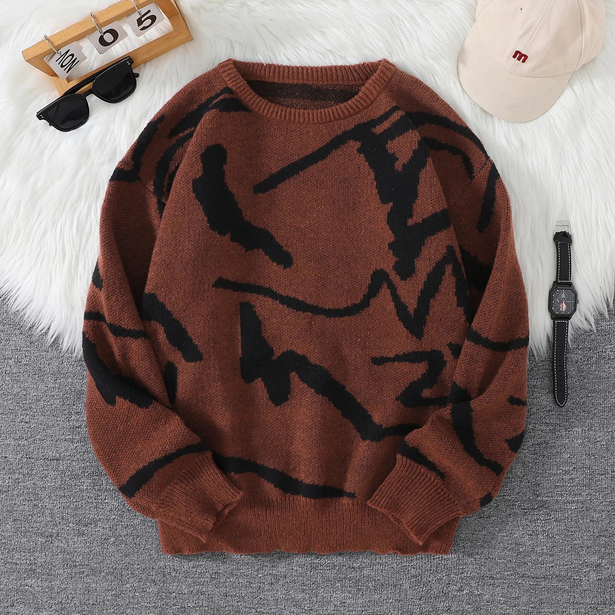 Nouveau populaire printemps automne Graffiti Jacquard motif pull pull décontracté col rond contraste couleur tricoté hommes pull