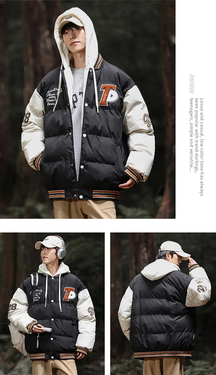 2025 nouvelle veste en coton hommes hiver jeunesse épaissi vers le bas manteau à capuche faux deux pièces mode Parka décontractée vêtements d'extérieur chauds grande taille