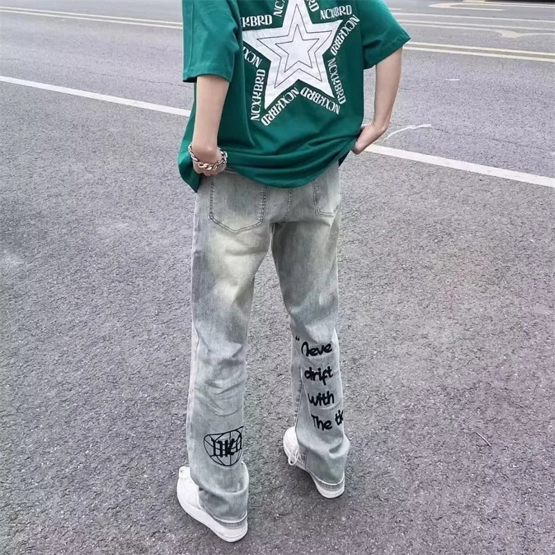 Jean Baggy avec lettres gothiques américaines pour hommes, pantalon en Denim droit rétro Harajuku Y2K, Hip Hop, mode imprimée