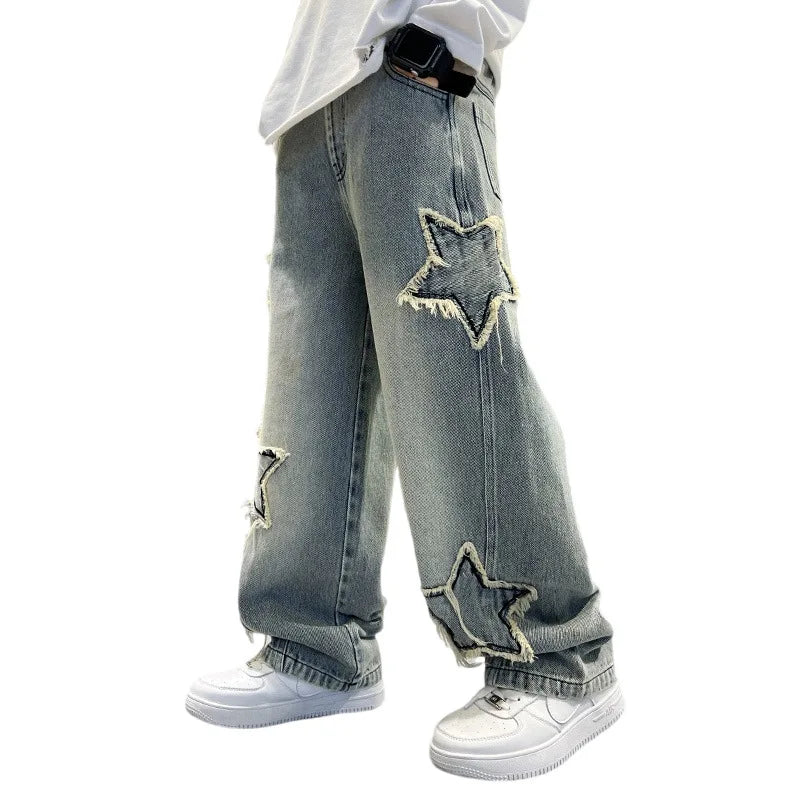 Nouvelle mode adolescents garçons Denim pantalons à jambes larges enfant pantalon printemps automne étoile épissage bord brut jean 5-14 ans enfants pantalons