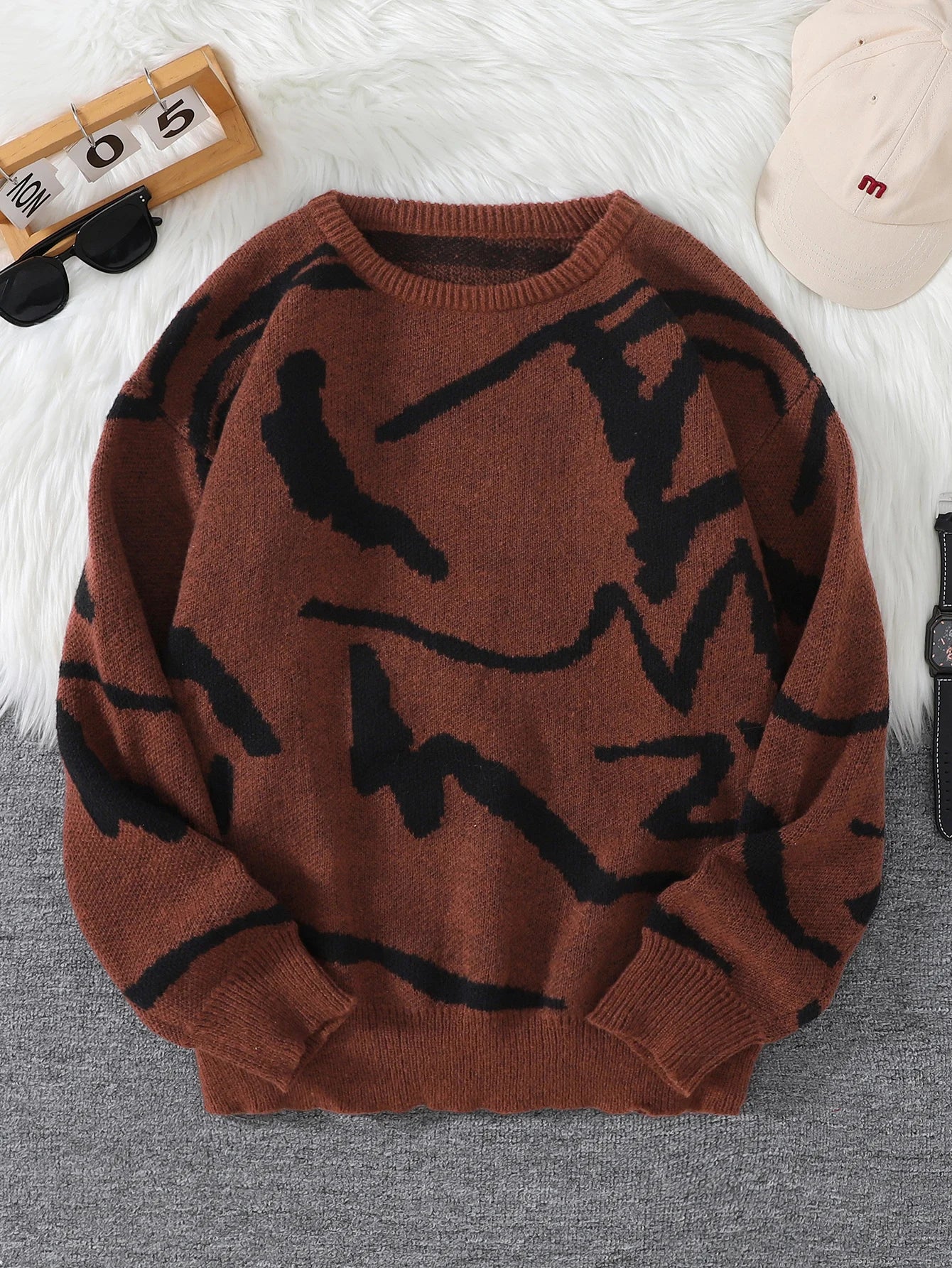 Nouveau populaire printemps automne Graffiti Jacquard motif pull pull décontracté col rond contraste couleur tricoté hommes pull