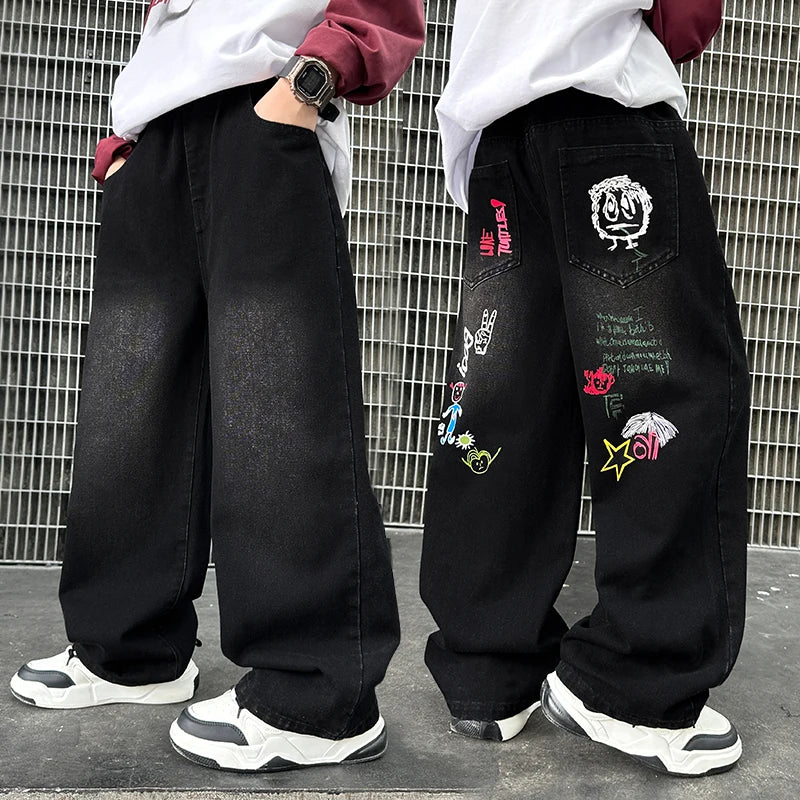 Nouvelle mode enfants jean noir avec dessin pour garçons filles décontracté Streetwear Denim pantalon unisexe enfant coupe droite jean pantalon