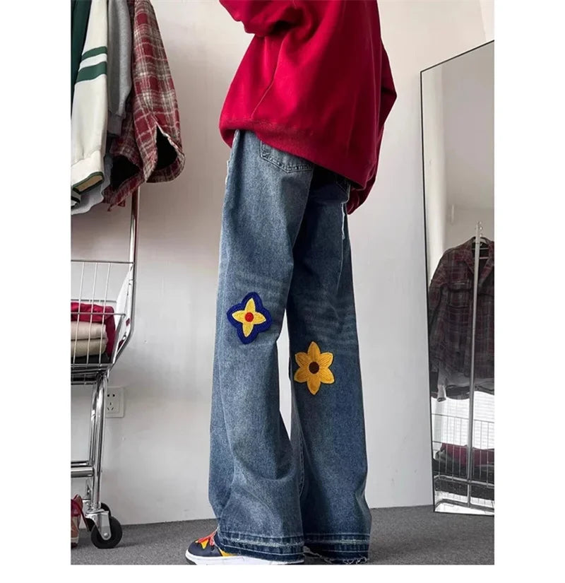 Jean droit bleu brodé de fleurs pour hommes et femmes, jean baggy, streetwear vintage, mode hip hop, automne, fjwomen, Y2K