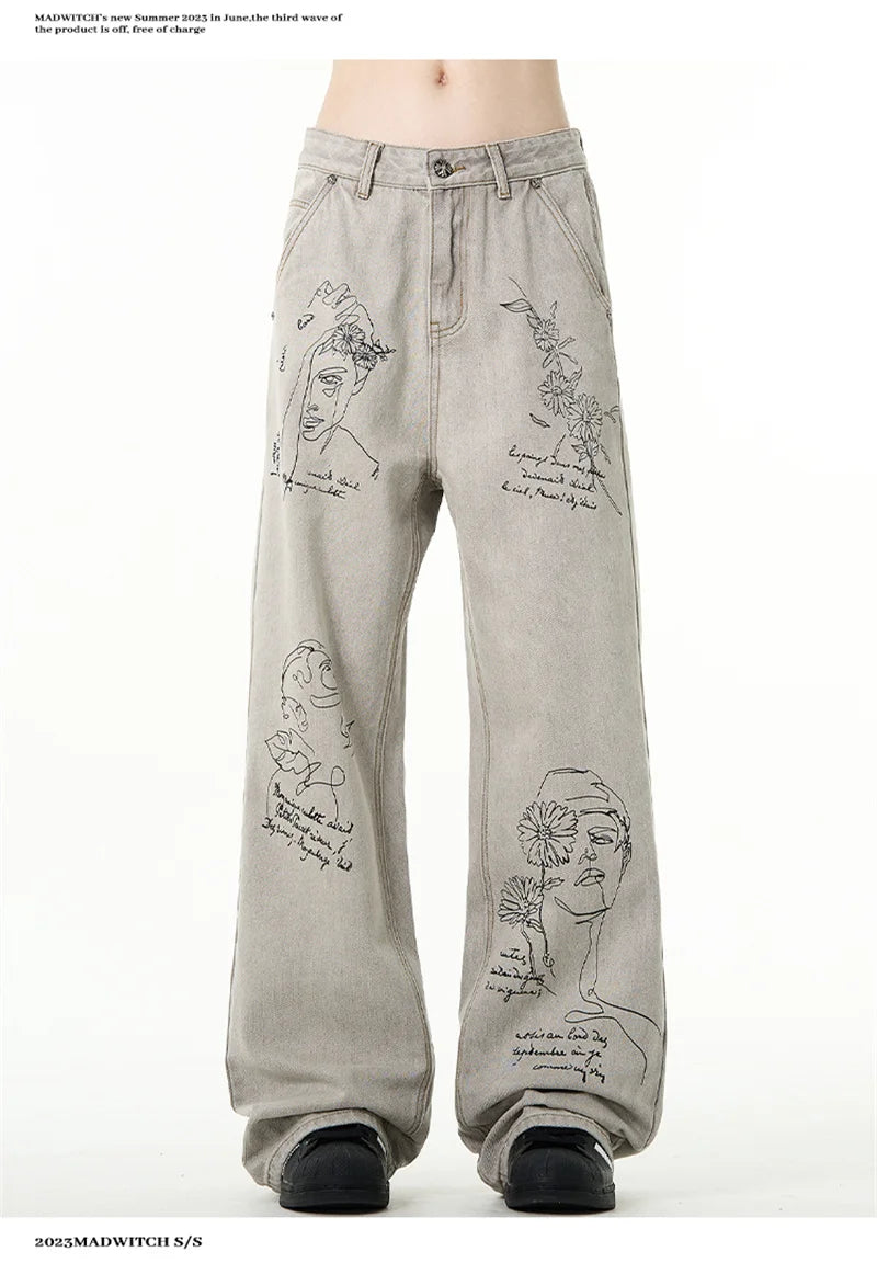 Jean imprimé graphique graffiti rétro américain pour hommes, pantalon en denim baggy, mode Harajuku, streetwear Y2K, DistMurcia, fjgy