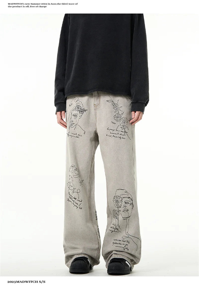 Jean imprimé graphique graffiti rétro américain pour hommes, pantalon en denim baggy, mode Harajuku, streetwear Y2K, DistMurcia, fjgy
