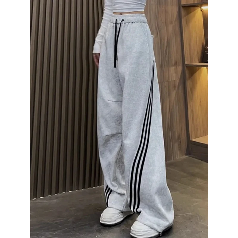 Taille élastique pantalons décontractés femmes automne nouveau trois rayures jambe large pantalons de survêtement polyvalent jambe droite longueur de plancher pantalon