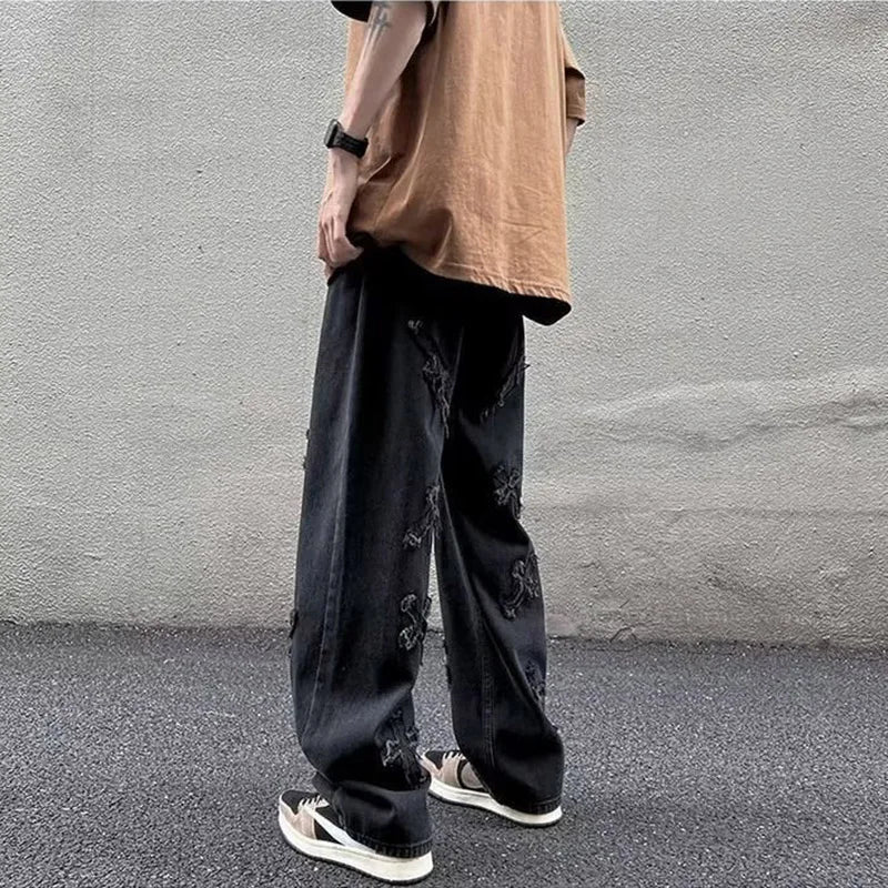 Jean en Denim à jambes droites pour hommes, nouvelle mode décontractée, ample, pantalon Y2k, jambes larges, Hip Hop, noir, bleu