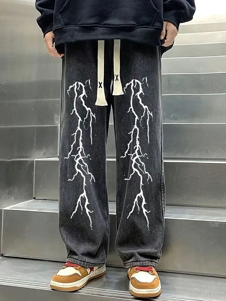 Pantalon en jean Baggy noir imprimé pour hommes, droit, surdimensionné, graphique décontracté, jambes larges, Denim, Long, coréen, cordon de serrage, survêtement