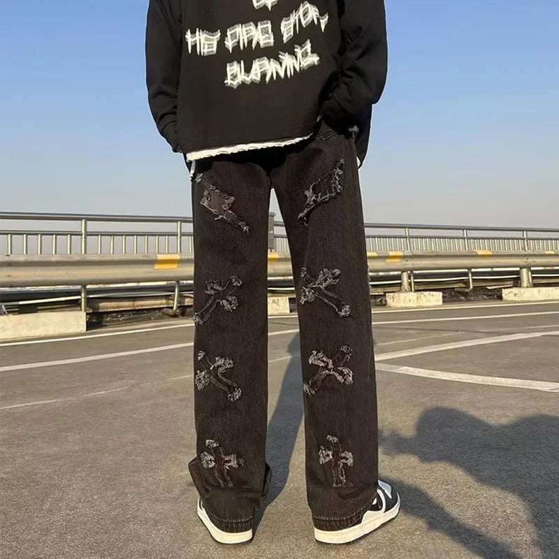 Jean en Denim à jambes droites pour hommes, nouvelle mode décontractée, ample, pantalon Y2k, jambes larges, Hip Hop, noir, bleu